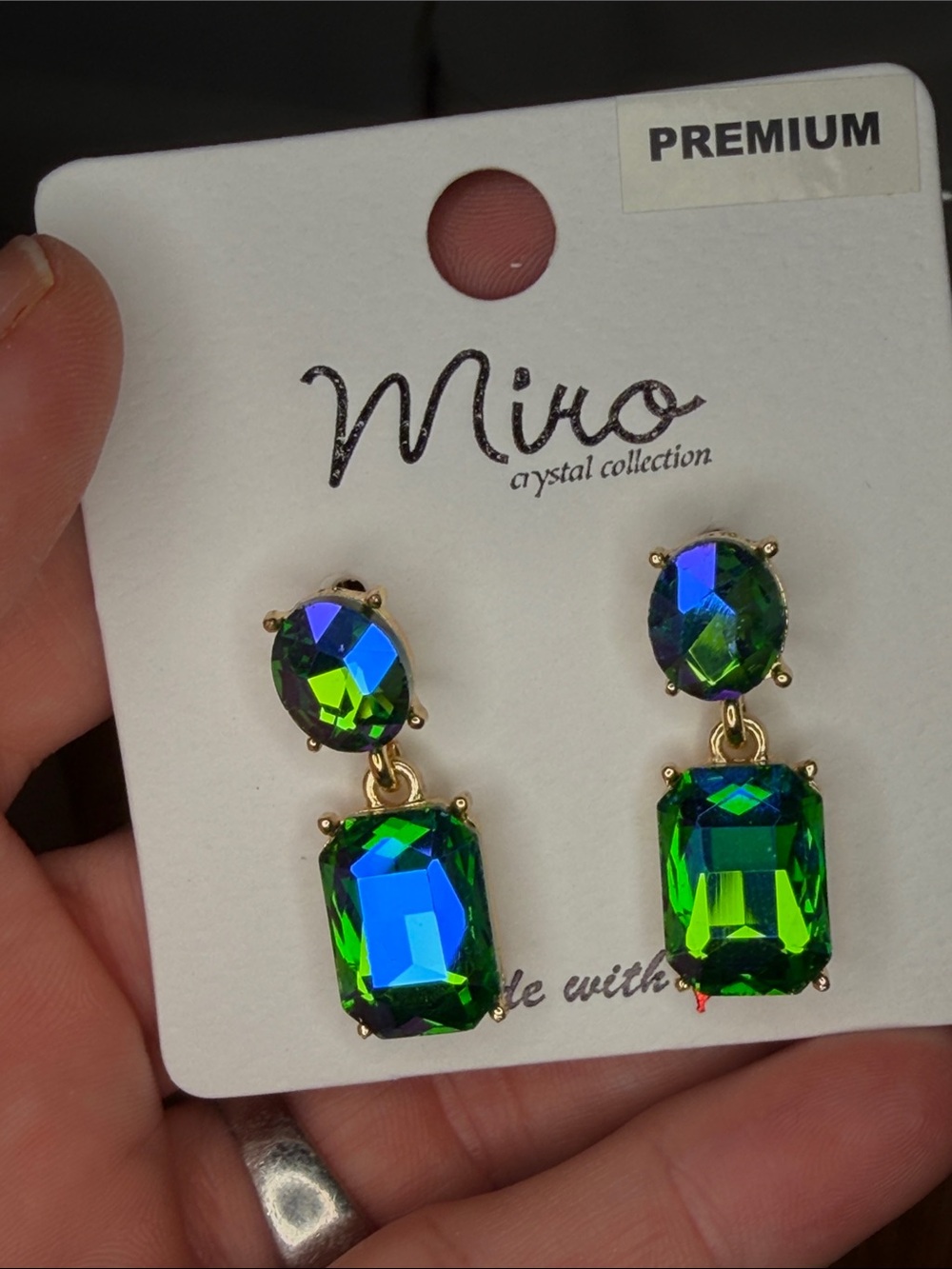 Green and Blue Crystal Drop Earrings - Gold Tone